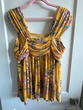 Yellow floral mesh draped babydoll top